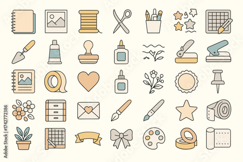 Scrapbooking Icons Set – Craft Tools, Stationery, and Decorative Elements in Pastel Colors