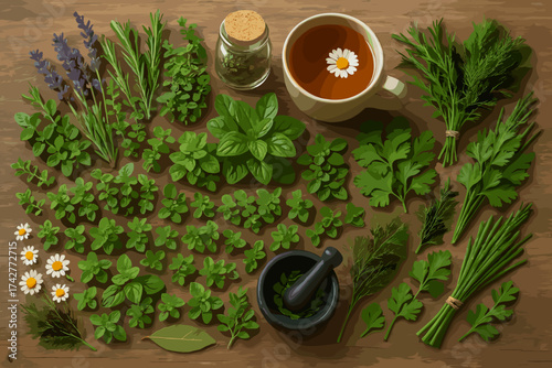 Fresh Herbal Collection – Assorted Green Herbs and Tea Ingredients on Light Background