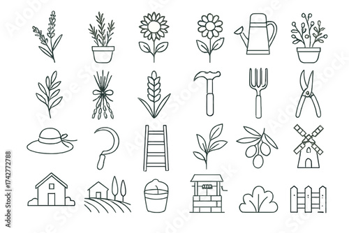 Linear Gardening Icons Set – Flowers, Tools, Plants and Countryside Elements