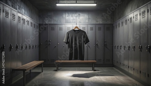 Black Tshirt on hanger in locker room with empty space.