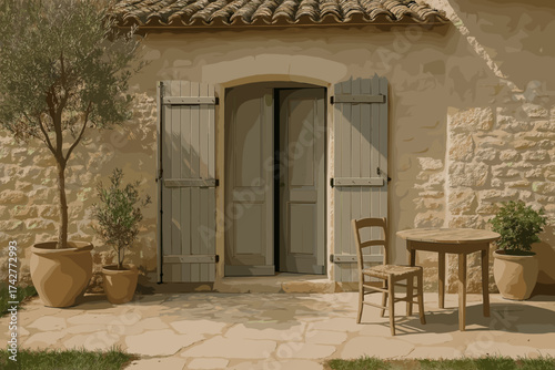 Rustic Provence House Facade with Wooden Shutters and Patio Furniture