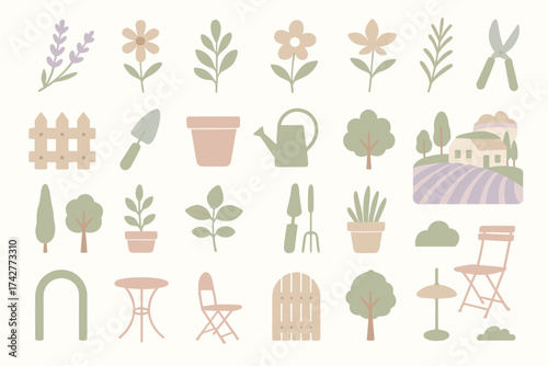 Pastel Gardening Icons Set – Flowers, Plants, Tools and Watering Can Illustration