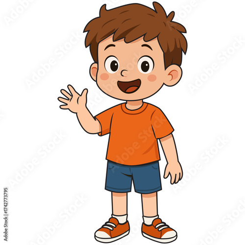  A surprised boy in shorts, a T-shirt and sneakers