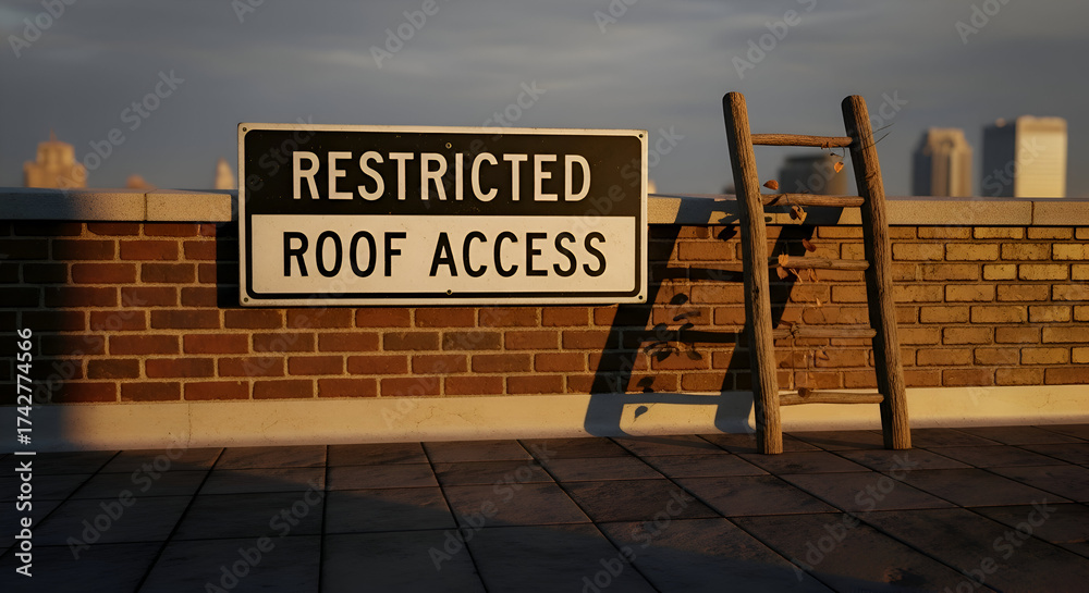Naklejka premium Restricted Roof Access Sign With Ladder, City Skyline In The Background