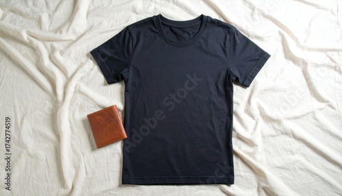 Blank Black TShirt and Brown Wallet with Textured Cloth Background.