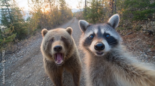 Bear And Raccoon Taking A Selfie On A Forest Trail. Playful Wildlife Moment Captured In Nature