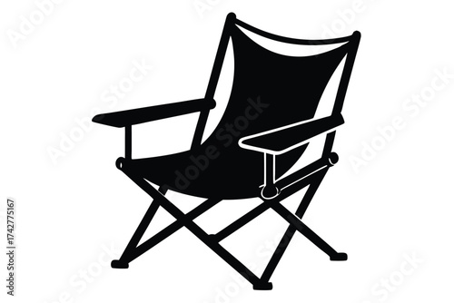 A foldable camping chair with armrests is presented in black color on white