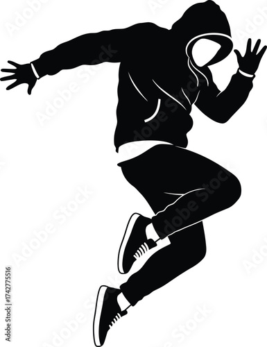 Dynamic silhouette of a hip hop dancer in mid air performing an energetic move against a white background