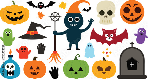 Collection of cute cartoon halloween characters and symbols including pumpkins ghosts bats and skulls