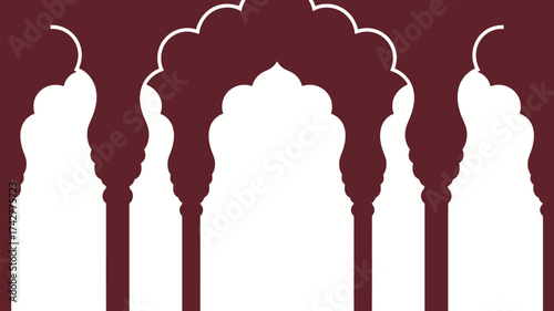 Elegant Mughal archway silhouette with rich burgundy backdrop offers a classic, timeless aesthetic perfect for sophisticated design projects or wedding invitations