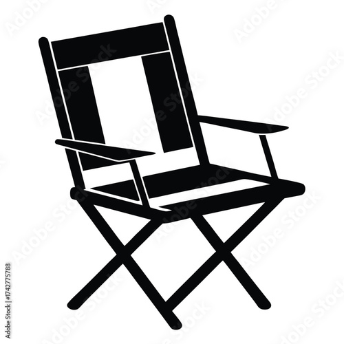 Isolated director chair icon features a minimal black silhouette and collapsible leg design