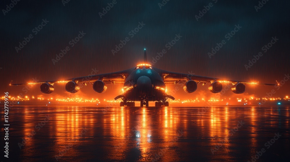 Fototapeta premium Large cargo plane at night, illuminated by warm lights