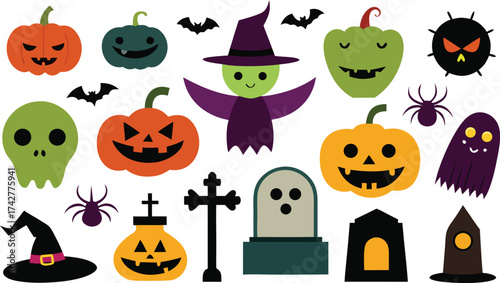 Collection of cute and spooky halloween icons featuring pumpkins ghosts witches bats and spiders