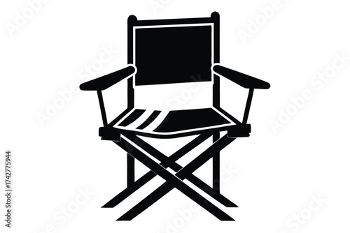Bold black silhouette depicts a classic director's chair on a stark white background