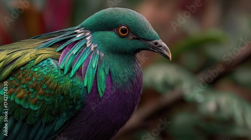 Stunning iridescent tropical bird with vibrant green, teal, and purple plumage, close-up profile in lush natural habitat
