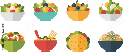 Collection of Fresh Healthy Salads And A Vibrant Taco in Geometric Style Icons Representing Delicious Meal Options
