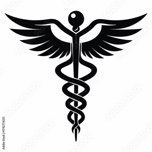 A black caduceus with entwined snakes and wings is centered on a white background