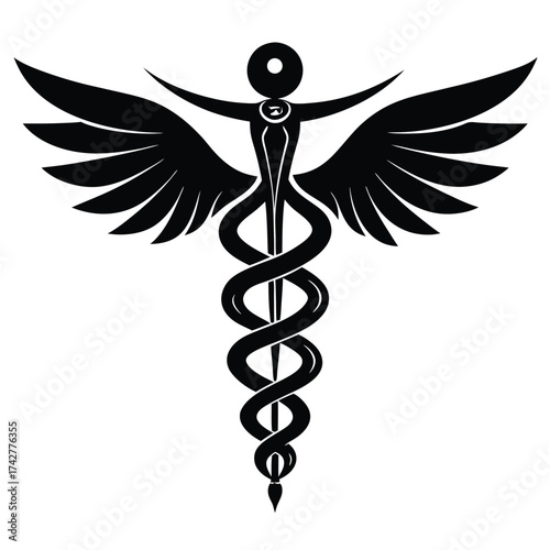Black caduceus medical symbol displays entwined snakes and expansive wings on a white background
