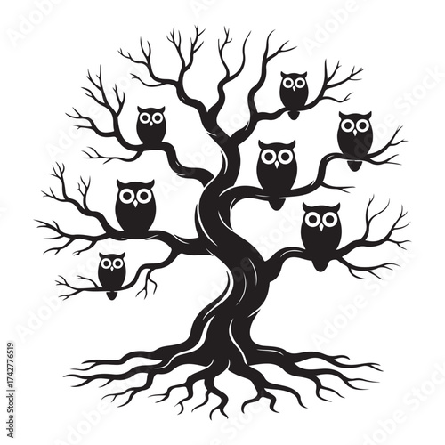 Whimsical silhouette tree adorned with perched owls symbolizing wisdom and family unity silhouette