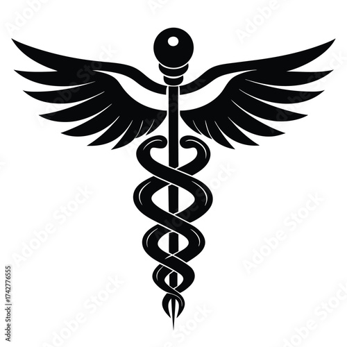 Black medical caduceus symbol features entwined snakes around a staff with spread wings