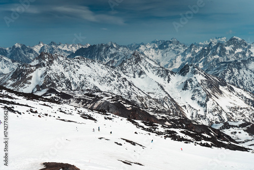 Snowy mountain landscape with clear blue sky, Alps travel destination