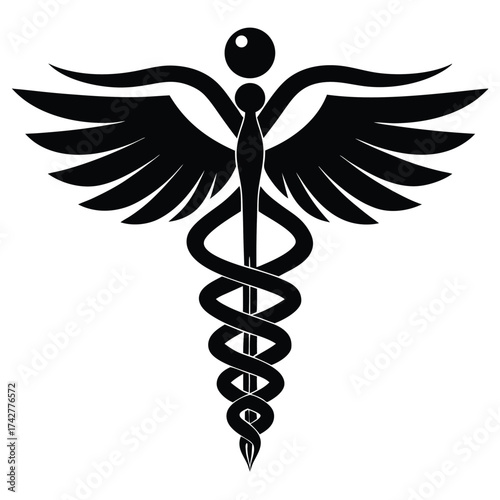 Black caduceus with two wings and rod shows a traditional medical symbol