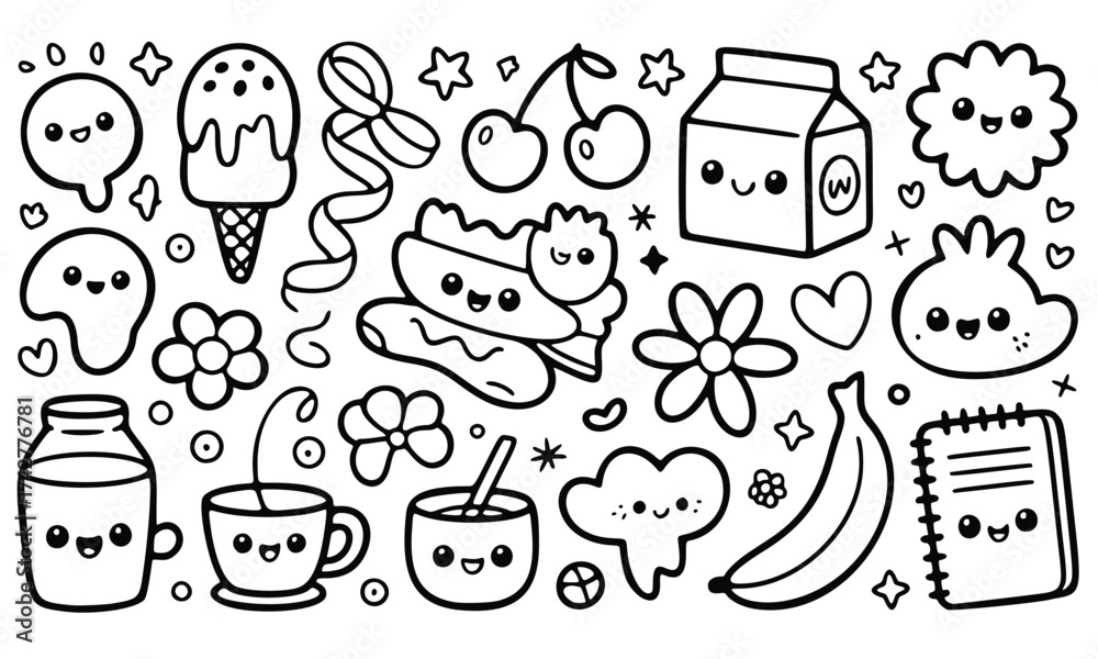 Fototapeta premium A set of doodle sketch icons for design with vector food and coffee illustration including a cup of tea and a sandwich