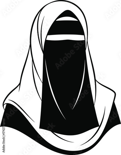 Minimalist black and white illustration of a woman wearing a hijab and niqab covering her face