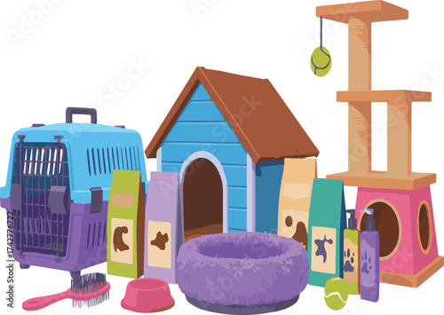 Collection of pet care items including a blue carrier dog house a cat tree food bags and toys pet supplies