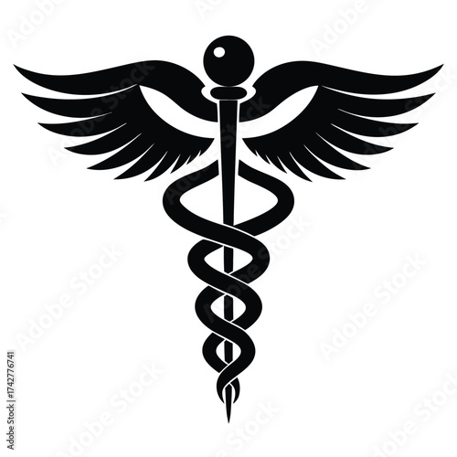 Black caduceus symbol with wings and entwined snakes stands out against white background