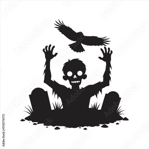 A spooky zombie rising from the grave under a hovering bird.