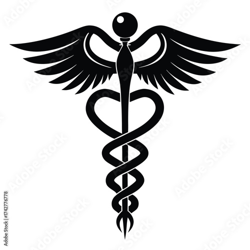 Monochromatic caduceus emblem displays entwined snakes and wings atop central staff art