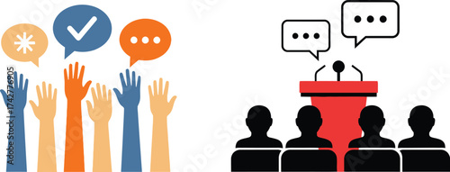 Public forum discussion with raised hands and speech bubbles editable vector