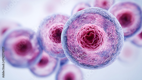 Human cell with visible nucleus in a clustered community representing cellular organization and the fundamentals of life sciences and health research.
