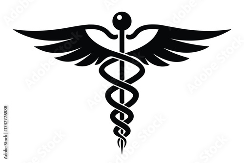 Black caduceus features intertwined snakes winding around staff with spread wings on white