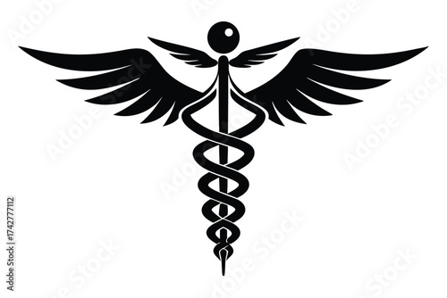 Black caduceus symbol with wings represents health and medicine concepts on a clean background