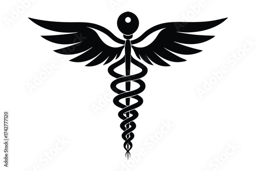 Black caduceus silhouette features entwined serpents with outstretched wings, symbolizing medicine and healing
