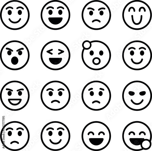 A Grid of Black and White Emoji Icons Expressing Various Emotions