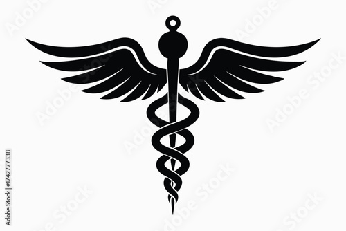 Classic caduceus black symbol showcases dual snakes entwined around a winged staff