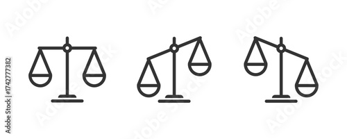 Justice scales icon. Scale icons set. Scales of justice. Scale in balance and equilibrium. Vector illustration