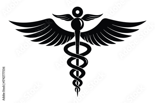 Black caduceus with wings showcases a stylized monochrome medical symbol of health