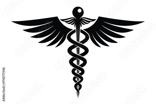 Black caduceus emblem features winged staff with snakes entwined in detailed monochrome design