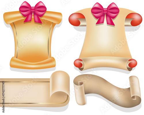 Set of realistic paper twisted scrolls edges curled with red bow vector image