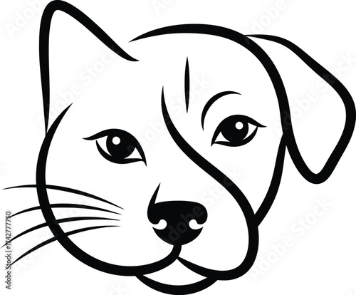 Stylized black and white line art illustration of a dog and cat face merged together