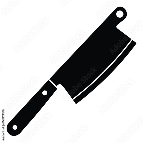 A solid black meat cleaver stands ready, featuring a sharp blade and sturdy handle