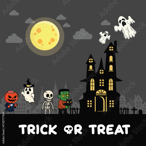 Happy Halloween scary pumpkin monster and Ghost friends. character and poster design