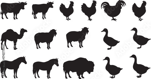 Collection of Black Domestic and Farm Animal Silhouettes Vector, AI Generative
