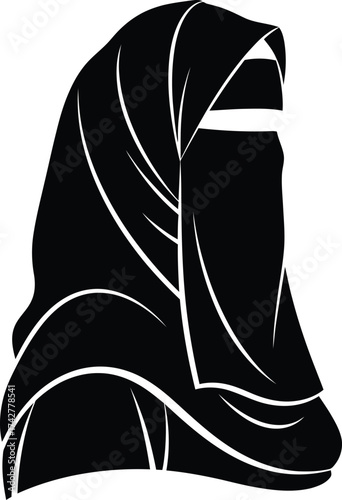 Stylized black silhouette of a woman wearing a niqab and hijab on a white background