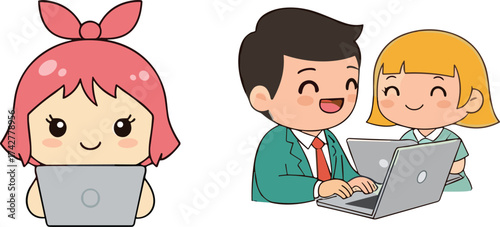 Cartoon children using laptops for online learning, teamwork, collaboration, digital education, technology skills, happy students studying together in classroom environment