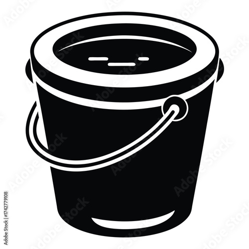 Solid black bucket filled almost full is presented in a monochrome style